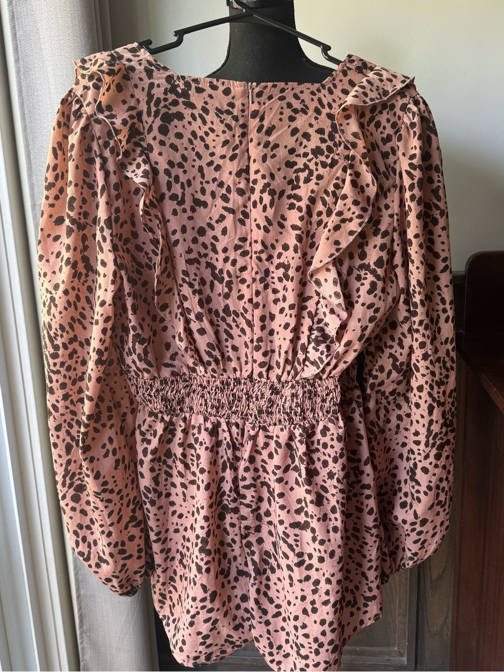 PrettyLittleThing Pink & Brown Ruffle-Trim Long Sleeve Romper Sz 12 - Picture 4 of 5